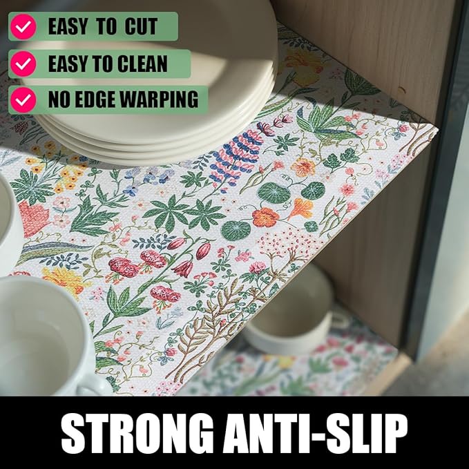Floral Shelf Drawer Liners, 16IN x 20FT Non Adhesive and Strong Non-Slip Colorful Cabinet Drawer Shelf Liners for Kitchen Wire Fridge, Waterproof Cabinet Liner,Easy to Clean