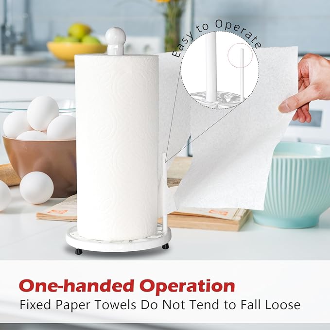 Vintage Paper Towel Holder Countertop - Cast Iron Standing Roll Paper Towel Dispenser with Elegant and Heavy Daffodil Pattern Base for Kitchen Décor, White