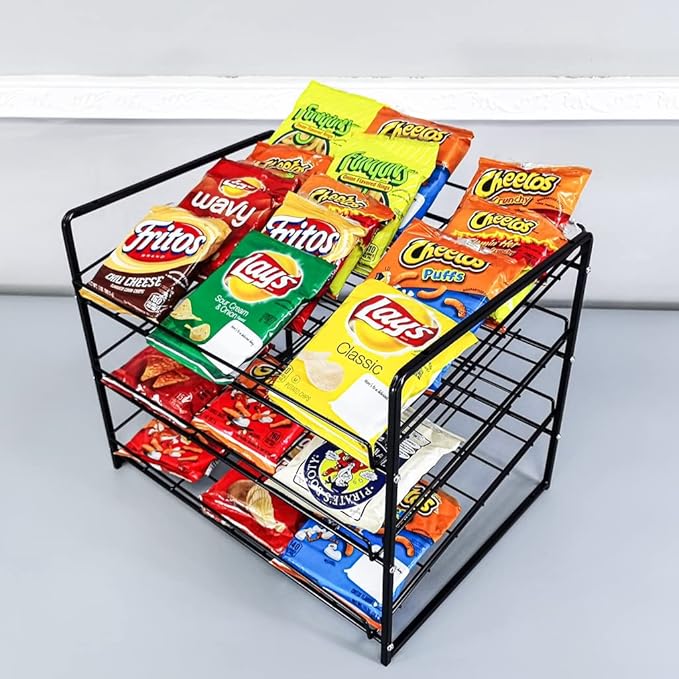 FixtureDisplays® Stackable Can Rack Organizer, Stackable Potato Chip Bag Storage Dispenser for Kitchen Cabinet or Pantry, Black 17.35" Wide x 12.8" Deep x 14" Tall 10145-NPF