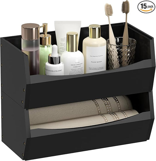 2 Set Open Front Stackable Storage Bins, Bamboo Stacking Storage Bins Food Vegetable Makeup Containers, Organizer Bins for Kitchen, Bathroom, Office, Cabinet, Countertop Storage (Long Black)