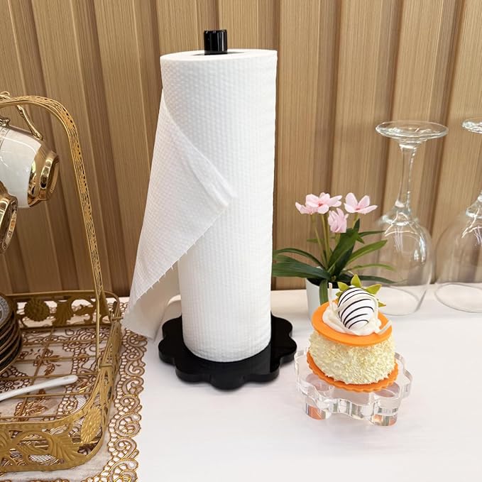 Paper Towel Holder Countertop,Black Acrylic Standing Paper Roll Holder Thickening Sturdy Scalloped Base, Paper Towel Dispenser Stand for Kitchen Bathroom (Black Acrylic, 5.9 inch)