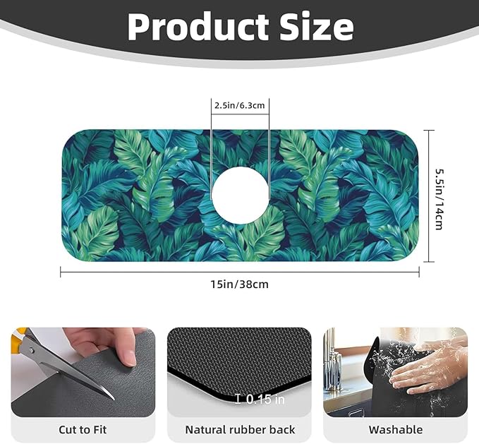Palm Leaves Tropical Summer Green Hawaiian Kitchen Sink Splash Guard Faucet Mat Super Absorbent Fast Drying Mat Sink Gadgets-Fast Drying Pad Sink Mat For Kitchen Bathroom (15" X 5.5" )