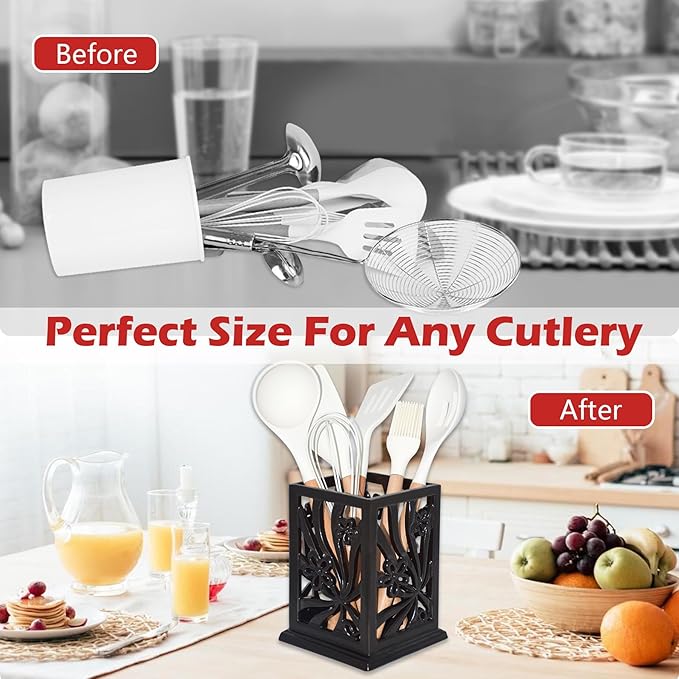 Utensil Holder, Cast Iron Kitchen Utensil Crock for Countertop, Extra Large Utensil Organizer with Weighted-Base, Housewarming Vintage Decor, Classic Style,Black