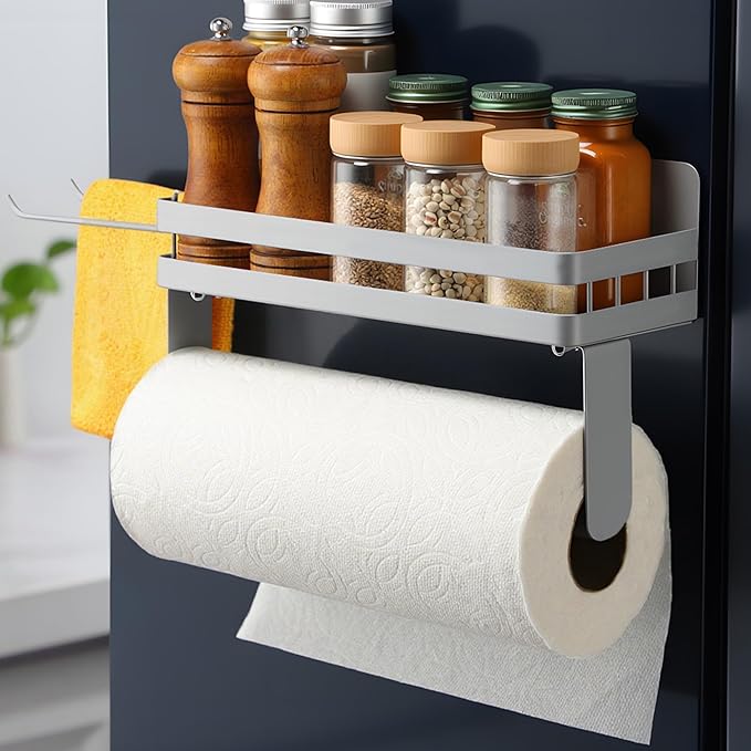 Wall Paper Towel Holder Magnetic with Shelf, Gray Magnet Spice Rack for Refrigerator, Kitchen, Heavy Duty