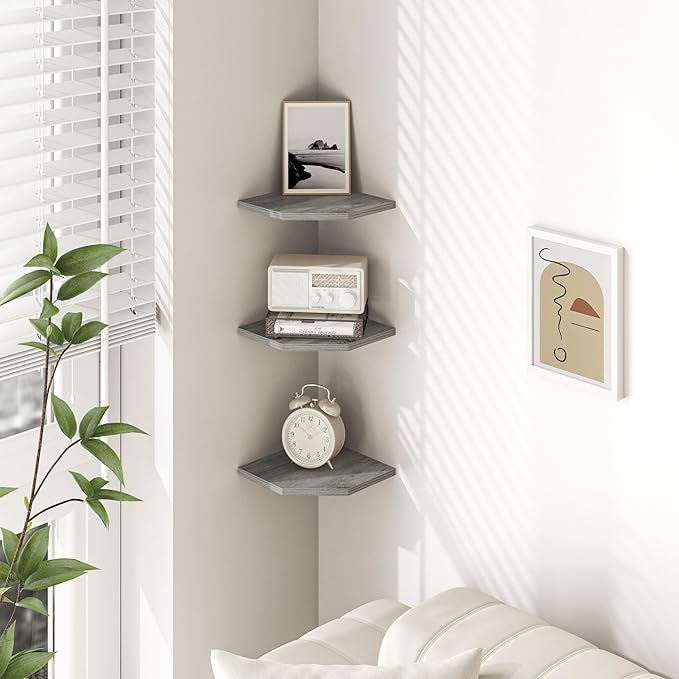 Corner Shelf Wall Mount, Floating Corner Shelves, Set of 3 Corner Wall Shelf Organizer, Rustic Wood Wall Storage Display Shelves for Living Room Bedroom Bathroom Kitchen, Rustic Grey