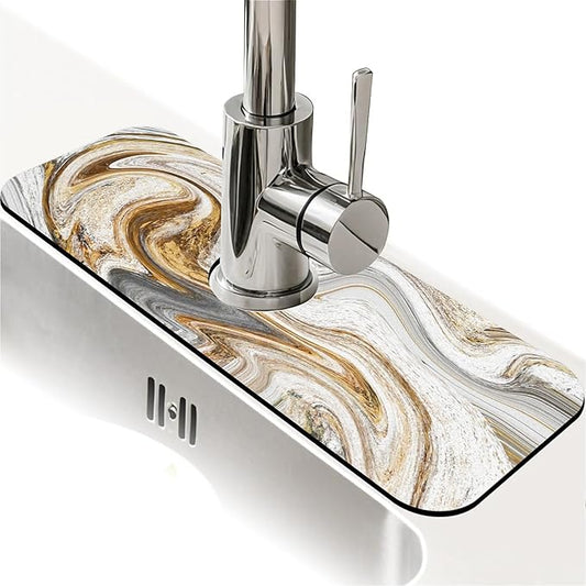 Kitchen Sink Splash Guard，White-grey gold marble Faucet Mat Sink Gadgets-Super Absorbent Fast Drying Mat Drip Catcher for Kitchen, Bathroom,Sink Mat, Dish Drying Mat, Bathroom(15" X 5.5" )