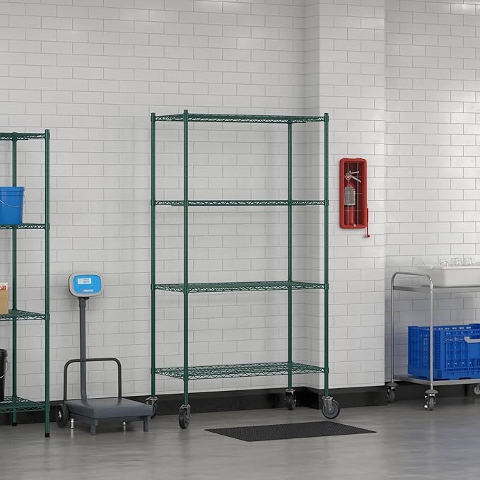 Commercial NSF Listed Green Epoxy Mobile Wire Shelving Kit 21" x 42" x 80", with 4 Shelves Perfect for Warehouse, Walk-in Refrigerator, Freezer, Grocery Store, Restaurant, Dishroom