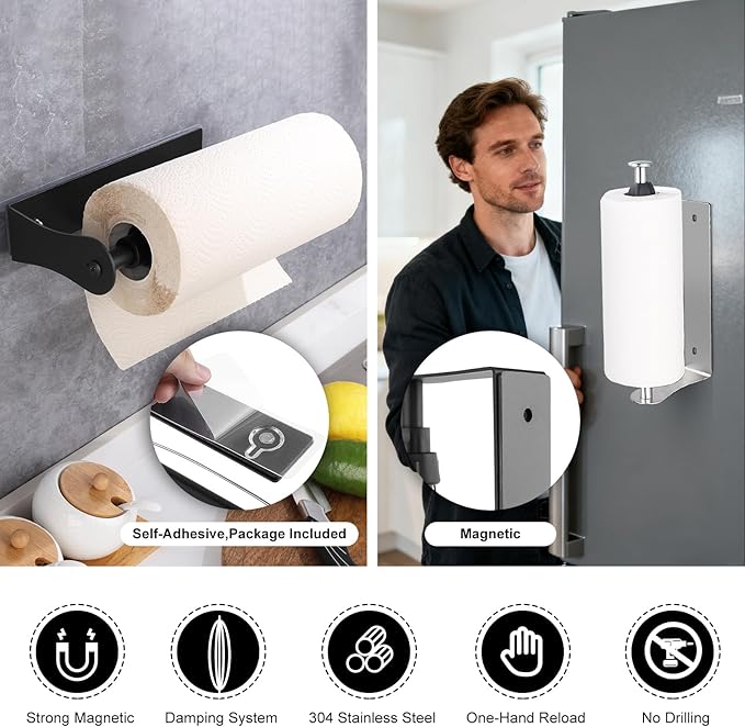Magnetic Paper Towel Holder with Adjustable Damping, One Hand Tear, Smooth Tension Control, Strong Magnet & Self Adhesive Wall Mount, No Drilling for Kitchen, Fridge, RV, Garage, Grill (Black)