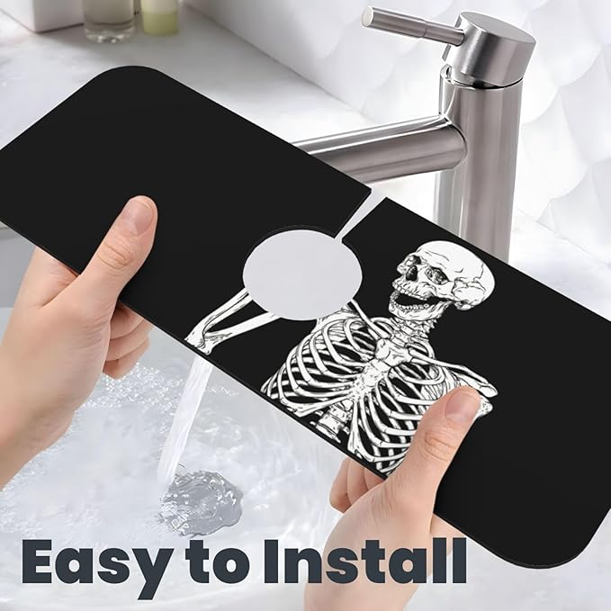 Black Funny Skull Human Skeleton Halloween Kitchen Sink Splash Guard Faucet Mat Super Absorbent Fast Drying Mat Sink Gadgets-Fast Drying Pad Sink Mat For Kitchen Bathroom (15" X 5.5" )