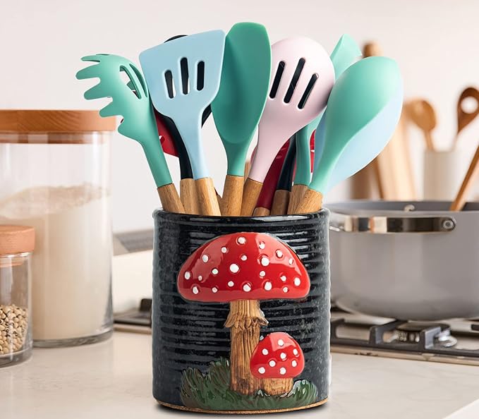 Mushroom Kitchen Utensil Holder For Countertop Ceramic Utensil Holder For Kitchen Counter Large Cooking Utensil Utensil Crock Holder Spatula Holder Utensil Organizer For Countertop