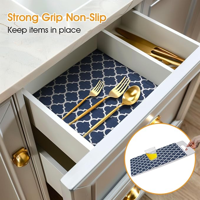 Shinlendid Shelf and Drawer Liner for Kitchen Cabinets Non-Adhesive, Strong Grip Non-Slip Thickened Cabinet Liners for Shelves, Waterproof Mats for Dresser Cupboard, Blue, 23 in x 20 Feet