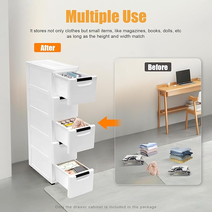 5 Drawers Stackable Storage Drawers Plastic Storage Drawers Collapsible Storage Bins Plastic Clothes Organizer Drawers Storage for Living Room,Bedroom,Office (White, 7.87" W)
