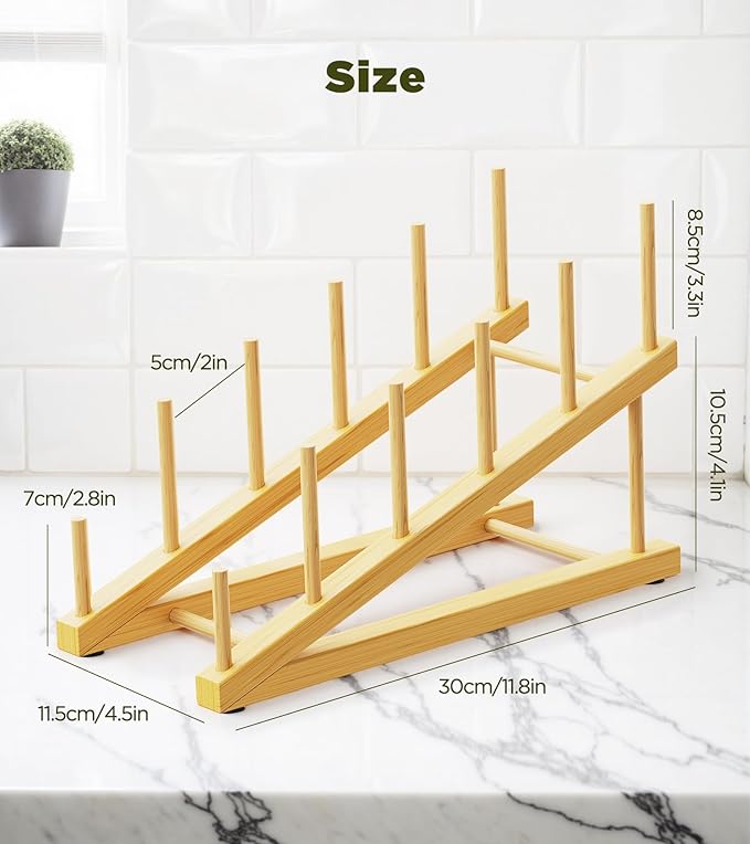 Bamboo Dish Drying Rack, Plate Organizer for Kitchen Cabinet, Vertical Plate Lid Holders for Plates, Cups, Cutting Boards, Utensils Cabinet or Countertop Storage