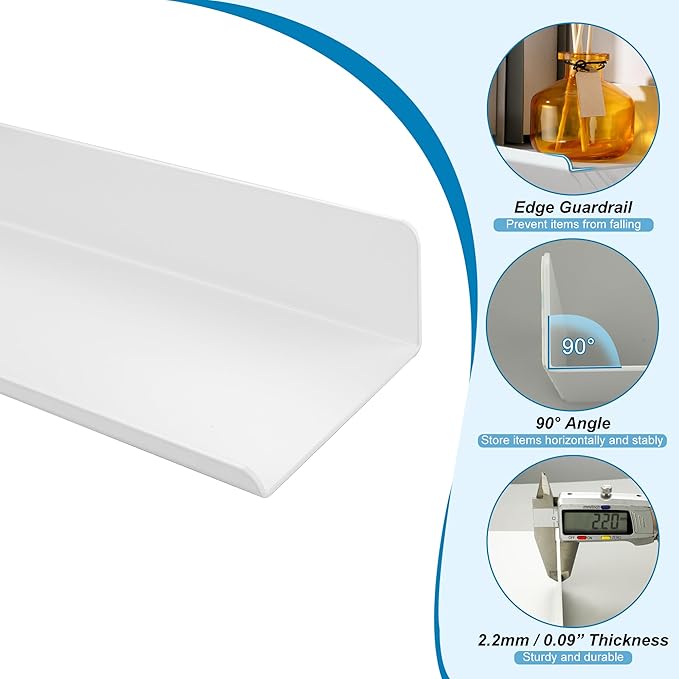 SAYAYO White Floating Shelves for Wall Storage, 12 Inch Adhesive Wall Shelves for Bedroom Decor, Display Bathroom Shelf Organizer for Kitchen, Living Room, Office, 2pcs