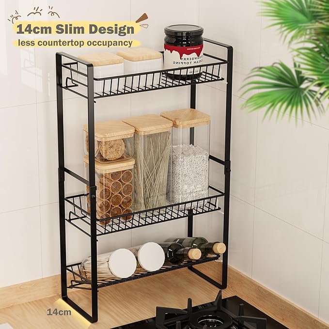 Spice Rack Countertop 3 Tier Narrow Slim Seasoning Storage Rack Metal Spice Shelf Stand Skincare Organiser for Bathroom Counter