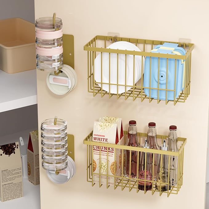 4 Pack Adhesive Cabinet Door Organizer - Tumbler Lid Organizer & Kitchen Storage baskets for Kitchen, Bathroom, Inside Cabinet Door Storage for Cup Lids, Spices, Small Supplies, Space-Saving (Gold)