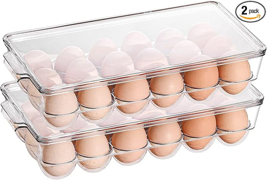 Sooyee 2 Pack Egg Holder for Refrigerator, Plastic Egg Storage Container, Fridge Egg Organizer, Clear Refrigerator Organizer Bins with Lids, Stackable Tray Holds 18 Eggs