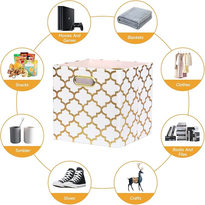 Posprica 11x11x11 Storage Cube Bins, Collapsible Storage Bins Fabric Storage Cubes Organizer Baskets Box Drawers for Shelves, Closet, Wardrobe, Bookshelf, Cabinet, Cream/Gold Lantern, 4 Pack