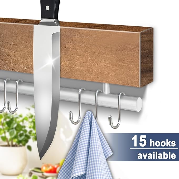 Dmore magnetic knife holder for wall—with 15 hooks, No Drilling 23 Inch Wood knife magnetic strip, Extra Strong Magnet knife rack, include Adhesive Tape and screws for Knives and Tools