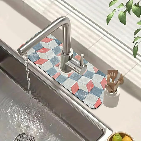 Red Gray Tile Sink Splash Guard Faucet Mat Red White Diamond Super Absorbent Fast Drying Mat Sink Gadgets-Splash Guard Behind Faucet Drip Catcher for Kitchen Bathroom, 15.5"x5.5"
