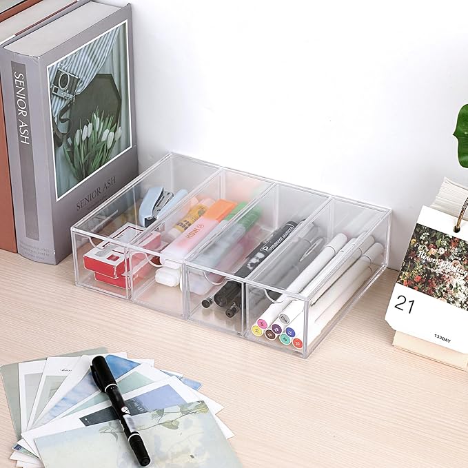 Hipiwe Acrylic Drawer Organizer Glasses Case Multiple Pairs Clear Desktop Drawers Box with 4 Pull Out Drawers Sunglasses Display Case Eyeglass Storage Organizer for Glasses Jewelry