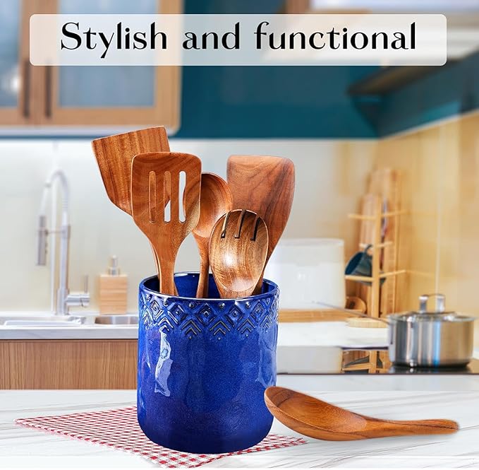 Ceramic Utensils Holder，Extra Large Stable Ceramic Cooking Tool Organizer Set for Kitchen，For Countertop ,Navy Blue