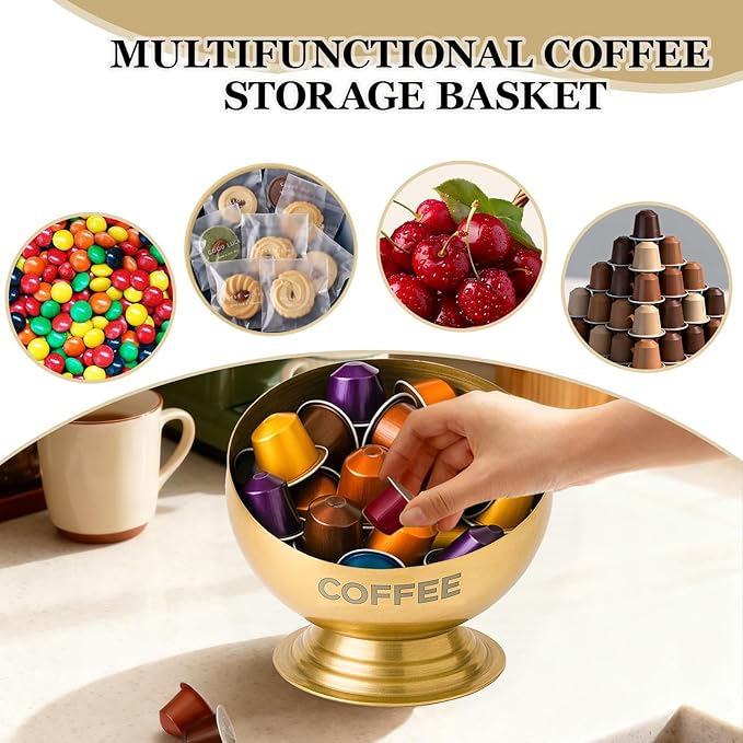 Coffee Pod Holder - Large Capacity Gold Metal Coffee Pod Storage, Coffee Pod Basket, Coffee Bar Organizer for Kitchen and Office Countertop(Gold-7.1in/18cm)