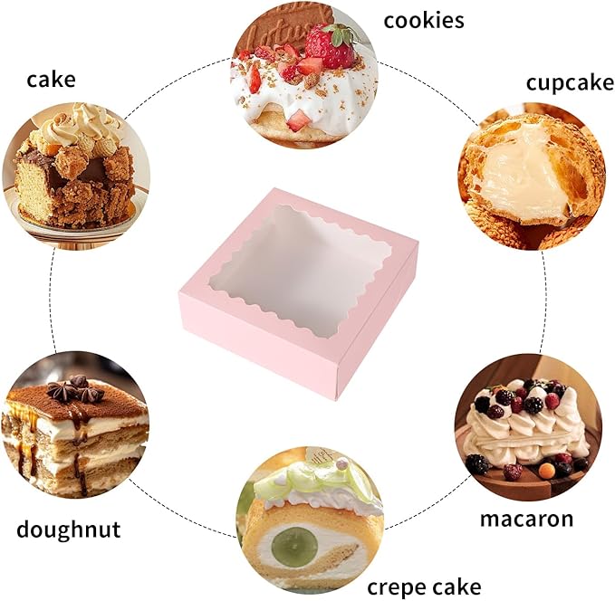 36 pcs 10x10x2.5 Inches Pink Bakery Boxes with Window, Cake Pastry Cookie Boxes, Mini Pie for Pastry box,Dessert,Strawberries,Chocolates (Pink, 10x10x2.5inch/36pcs)
