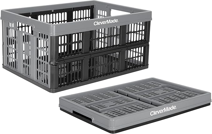 CleverMade Collapsible Utility Crate, Stone, 1PK - 32L (8 Gal) Collapsible Storage Bins, Holds 40lbs Per Bin - Plastic Stackable Grated Wall Utility Containers, CleverCrates Baskets