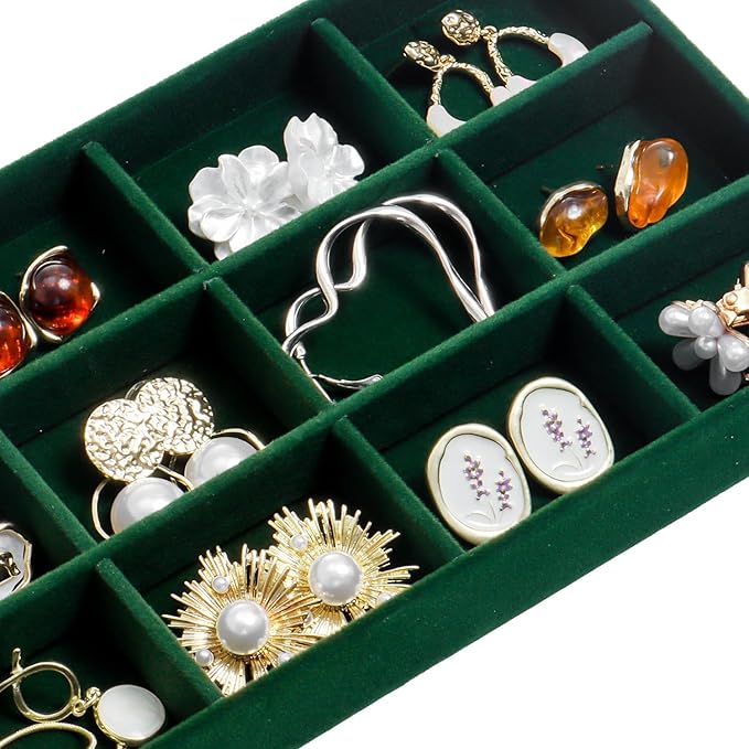 SPAKOWN Jewelry Organizer for Drawer Set of 9, Velvet Jewelry Tray Stackable Jewelry Organizer Display Trays Divided Earring Storage Containers (Green)