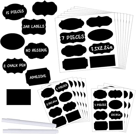 JEFURE 120 Pcs Chalkboard Labels for Storage Bins, Waterproof, Reusable Chalk Tag for Mason Jar, Party Decoration, Craft Rooms, 2 Liquid Chalk Markers