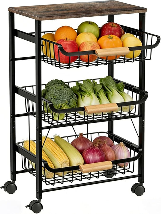 4-Tier Fruit Basket for Kitchen Counter Utility Organizer Carts on Wheels&Wood Top with Storage, Rolling Kitchen Cart for Pantry, Living Room (Black)