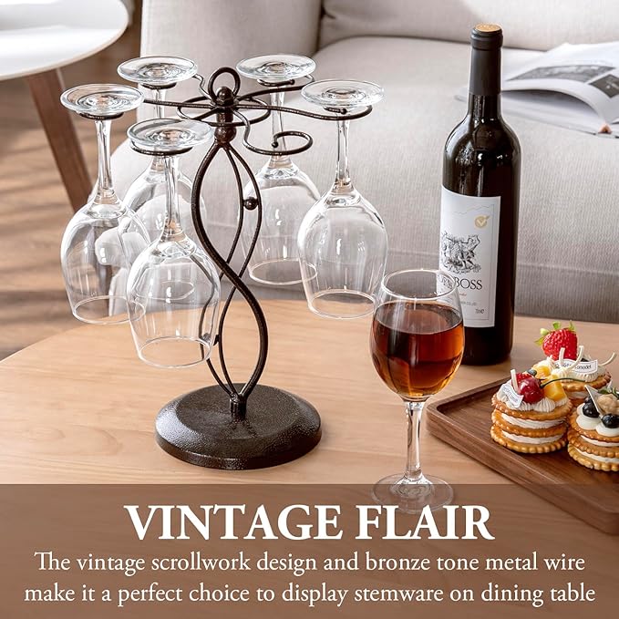 MyGift Bronze Metal Countertop Wine Glass Holder with Scrollwork Design, Freestanding Tabletop Stemware Storage Rack with 6 Hooks
