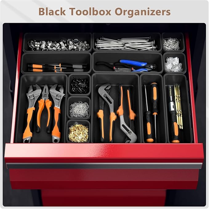 A-LuGei 【𝟲 𝗦𝗜𝗭𝗘】 Tool Box Organizer Tray Set【Fits 100+ Tools】 Black Plastic Drawer Divider Desk Drawer Organizer Garage Organization for Rolling Tool Chest Cart Workbench Office Storage