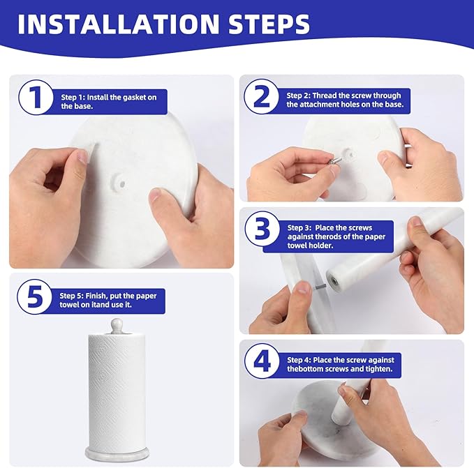 Handmade Marble Paper Towel Holder - 12" Upright Paper Roll Dispenser with Heavy Non-Slip Base for Easy One-Handed Tear - Ideal for Kitchen Countertops, Cabinets, and Bathrooms-White & Light Grey…