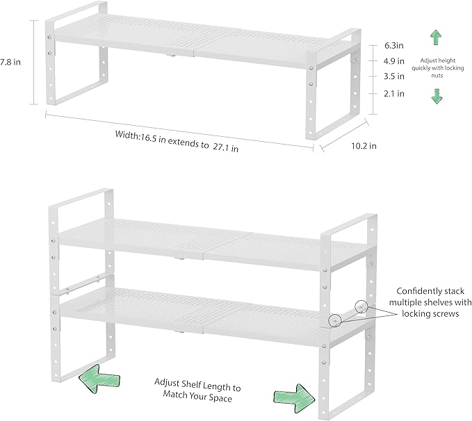Expandable 16.5-27" W Metal Storage Rack, Shoe Rack with Borders. for Kitchen, Entryway, Closet or Office - Heavy-Duty Steel Construction