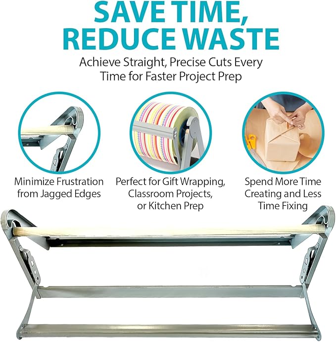 30" Roll Paper Dispenser with Cutter - Wall Mount or Desktop Straight Edge Cutter - Fits Craft, Freezer, Wrapping, Butcher Paper Roll Dispenser or Cling Film - Non-Sharp Edge, Grey