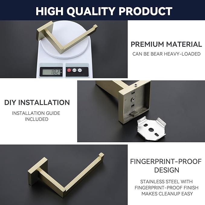 LANC Gold Toilet Paper Holder, Bathroom Toilet Paper Roll Holder Wall Mounted for Bathroom RV, Modern TP Holder Tissue Dispenser Hangers Square Stainless Steel Brushed Gold, A8807BG