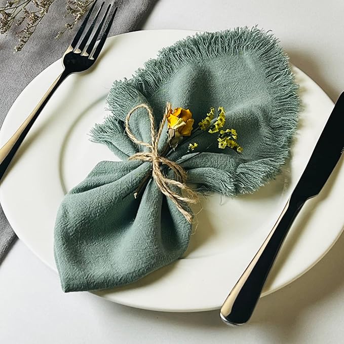 Handmade Cloth Napkins with Fringe,18 x 18 Inches Cotton Linen Napkins Set of 4 Versatile Handmade Square Rustic Fringe Napkins for Dinner, Wedding and Parties, Sage Green