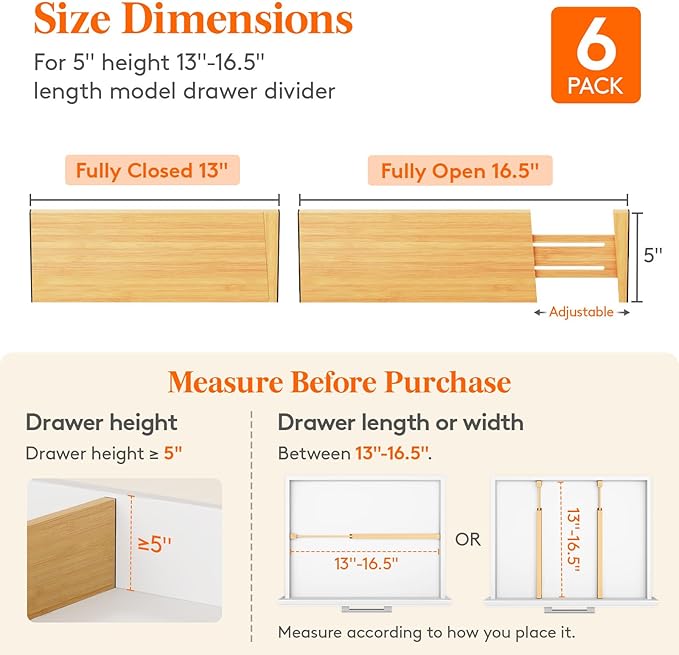 Lifewit 6 Pack 5" Deep Bamboo Drawer Dividers, 13-16.5" Expandable Drawer Organizers for Clothes, Adjustable Dresser Drawer Divider, Clothing Drawer Separators for Dresser, Bedroom, Bathroom, Kitchen