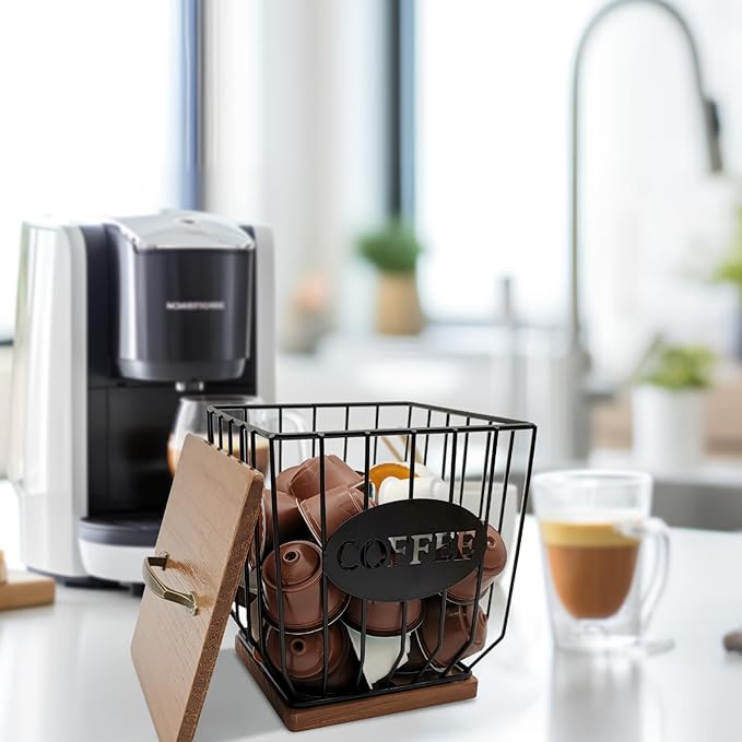 Square Coffee Pods Holder with Wooden Lid and Base,Large Capacity Wire Coffee Pods Storage Basket for Home Cafe Bar Countertop Decor(Black)