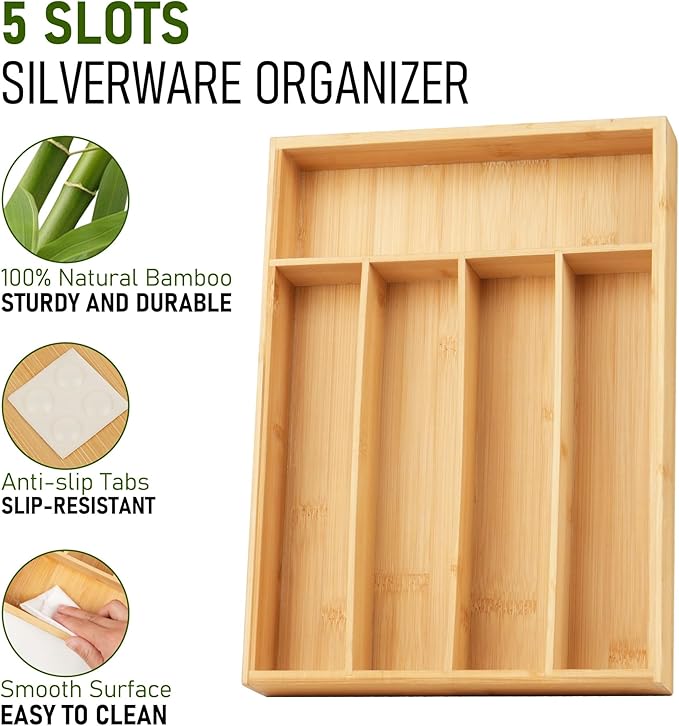 LotFancy Bamboo Kitchen Drawer Organizer, 9.5 Inch Silverware Organizer for Small Drawer, Silverware Tray, Utensil Organizer for Cutlery, Fork, Spoon Storage