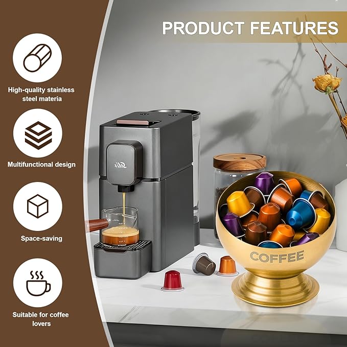 Coffee Pod Holder, Gold Metal Coffee Pod Storage, Capsule Container Bowl, Coffee Pod Organizer for Kitchen Counter and Office Desktop (Gold)