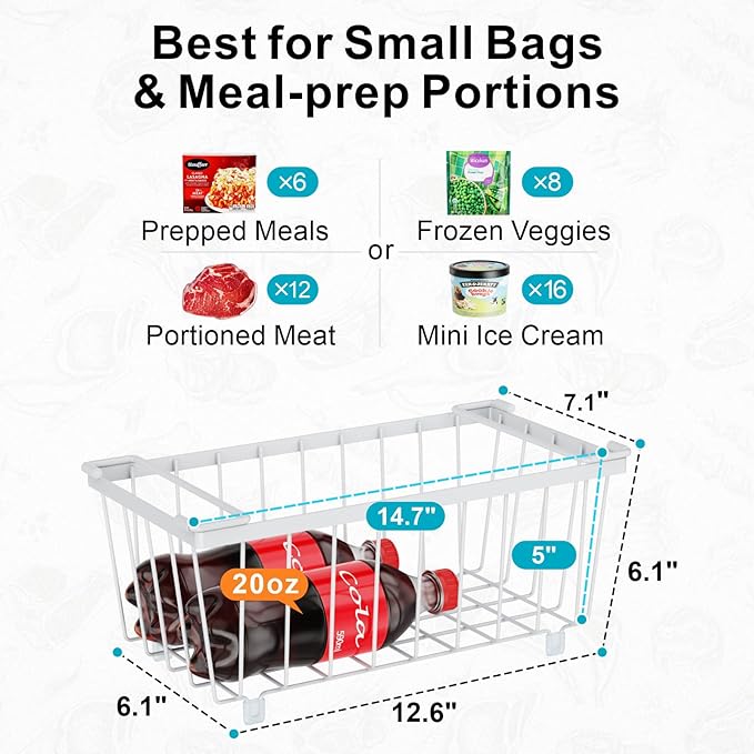 iSPECLE Freezer Organizer Bins, 4 Pack Deep Freezer Baskets for 5 to 7 Cu.Ft, Stackable Wire Chest Freezer Organizer Bins for Small Food, Strong Metal with Handles for Meat and Veggies, White