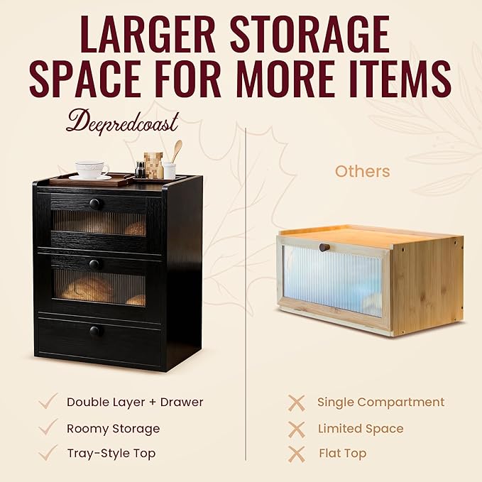 Bread Box for Kitchen Countertop, 3 Layer Farmhouse Countertop Bread Storage with Magnetic Closure Window Bread Storage Container Bin for Kitchen, Pantry (Black)