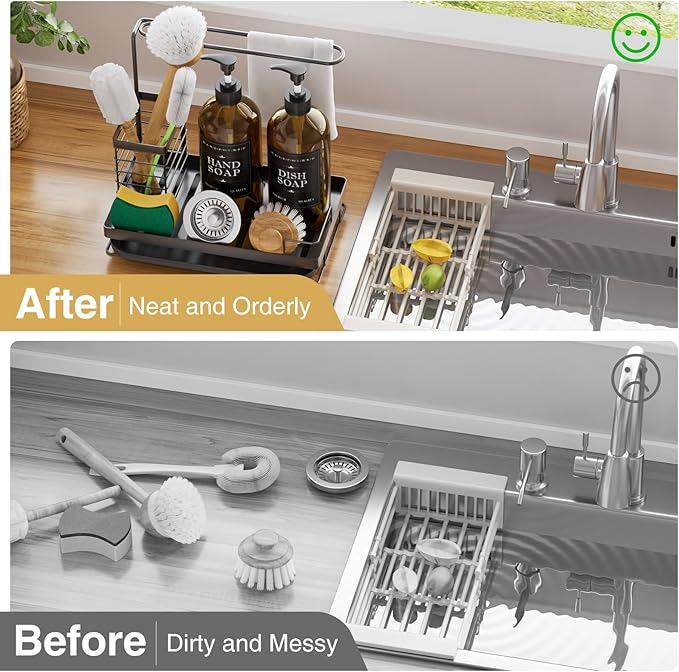 Sponge Holder for Kitchen Sink Caddy with High Brush Holder,Stainless Steel Kitchen Sink Organizer Set with 2 Lotion Dispenser,Kitchen Accessories Storage for Countertop