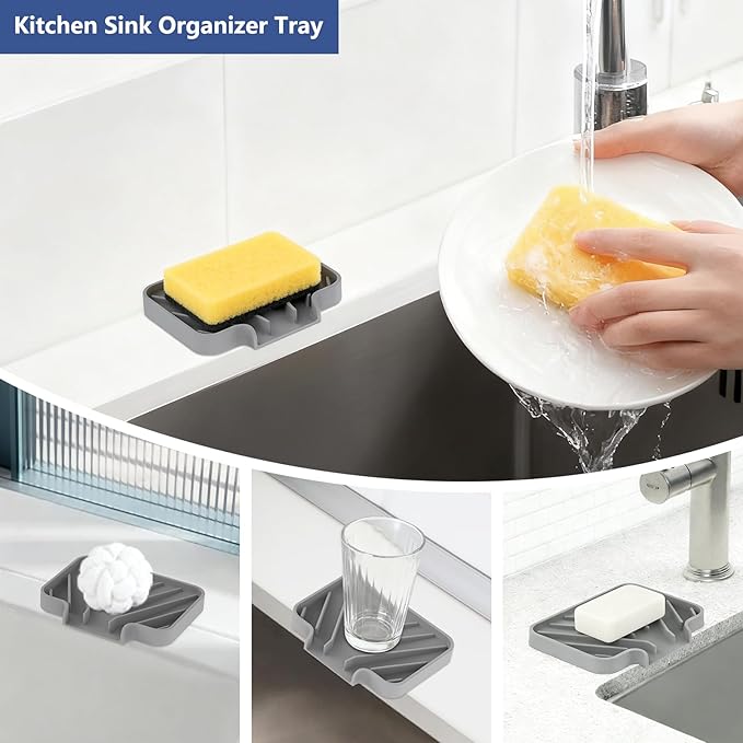 Silicone Soap Dish for Shower and Bathroom - Small Bar Soap Holder with Self Draining Spout - Non-Slip Sink Tray Organizer for Kitchen Counter and Narrow Ledge, Gray (3.5" x 5")