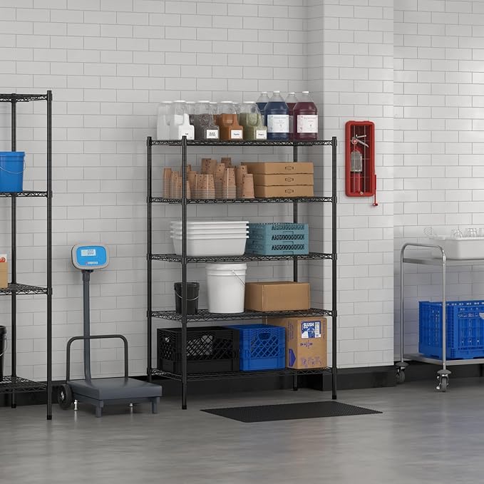 Commercial NSF Listed Black Epoxy Stationary Wire Shelving Kit 21" x 42" x 64", with 5 Shelves Perfect for Warehouse, Walk-in Refrigerator, Freezer, Grocery Store, Restaurant, Dishroom