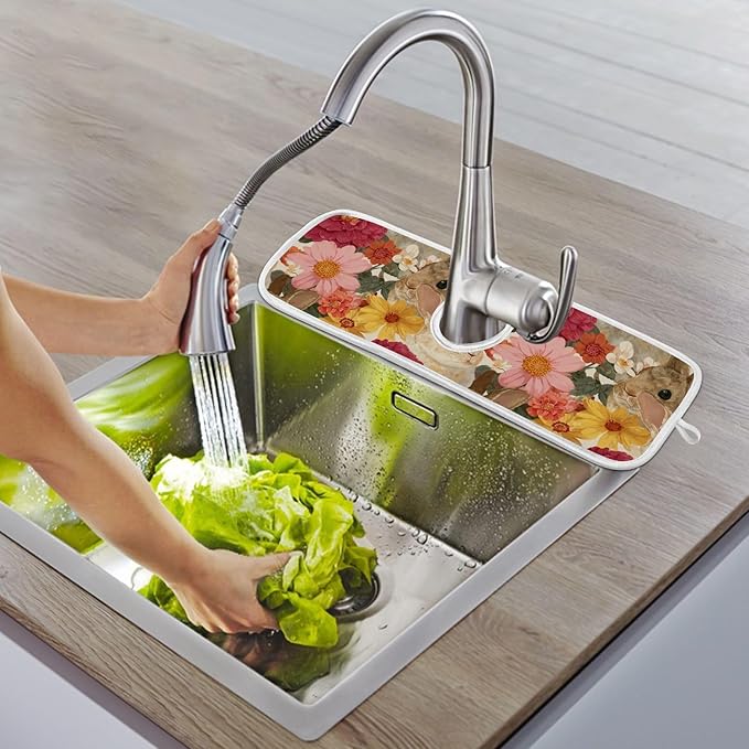 2 PCS Kitchen Sink Splash Guard 30 Inch Faucet Mat for Kitchen Sink Bathroom Sink Faucet Absorbing Drip Drain Mat Pad Microfiber Soft Washable Easter Bunny Eggs Flowers Butterfly