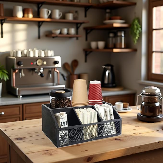 Coffee Station Organizer for Countertop, Wood Coffee Bar Organizer, Coffee Pods Holder Storage Box, Rustic Bar Accessories for Decor, Syrup and Tea Condiment (Black)